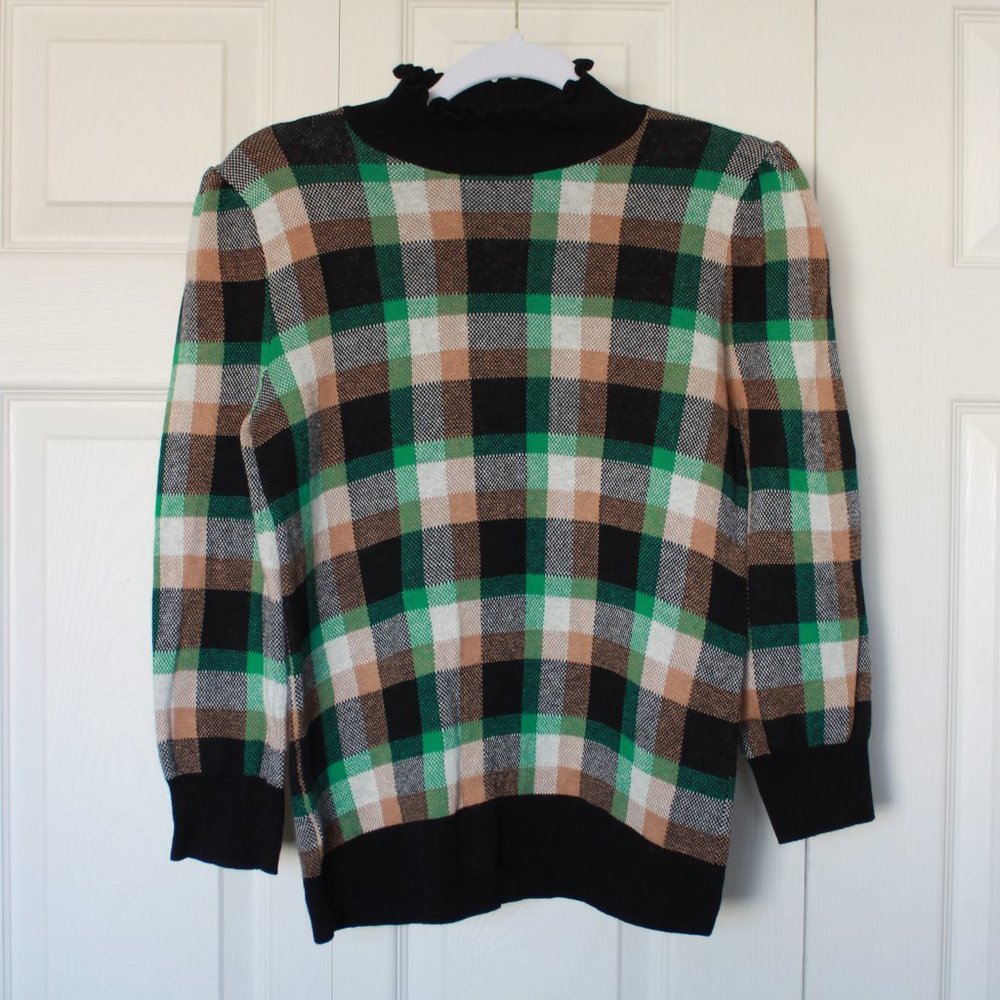 Ann Taylor Factory green and black plaid ruffle neck sweater size Medium